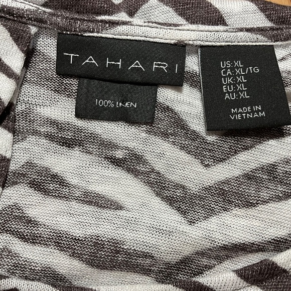 TAHARI 100% Linen Brown / Cream Zebra Print Cap Sleeve Tee Back Button Detail XL - Picture 4 of 8
